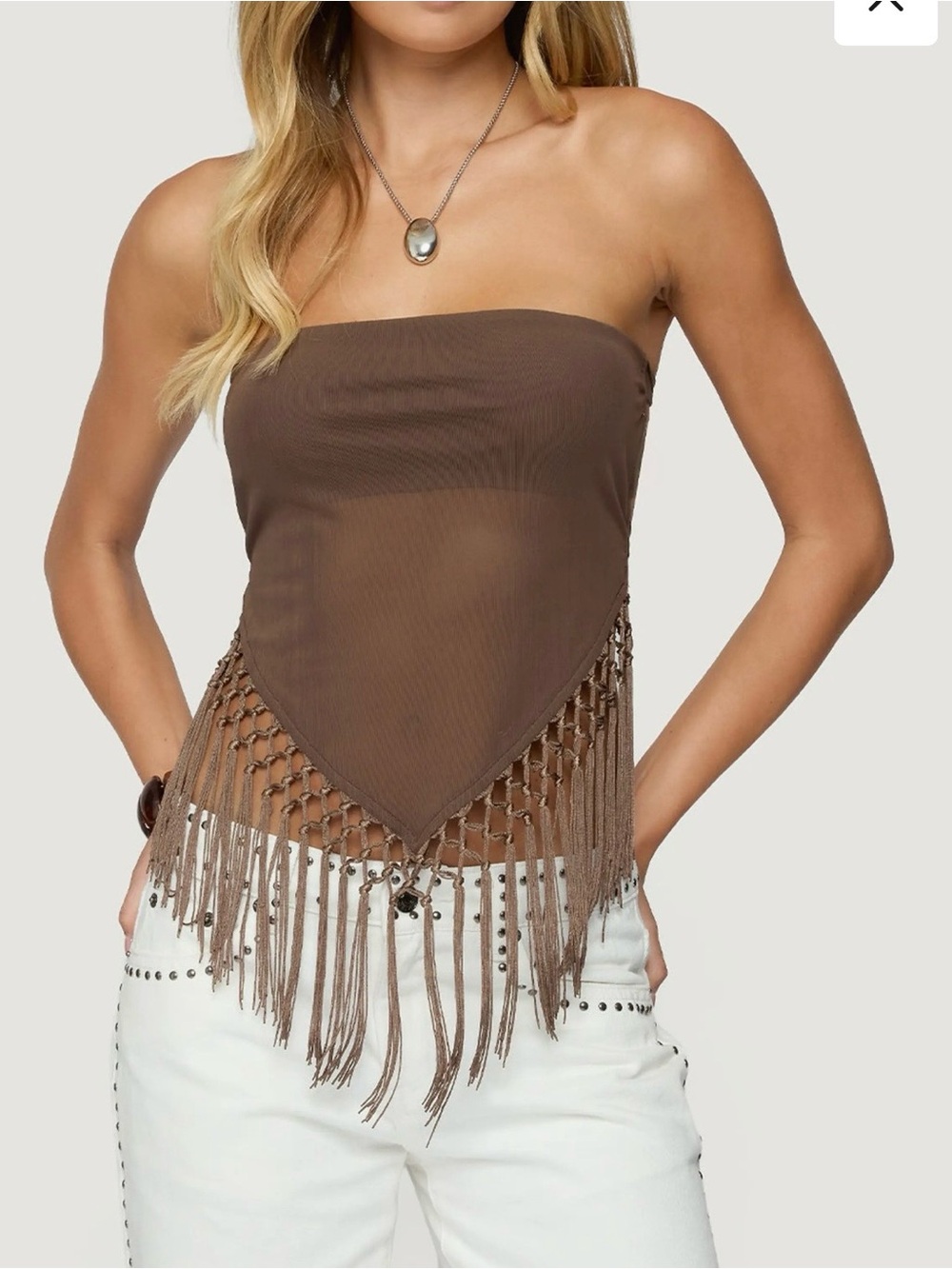 NWT Edikted Sz XS Women’s Brown Fringe Hem Mesh Built-in Bra Tube Top Ret $36!